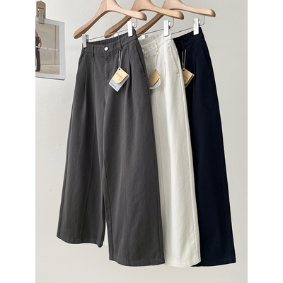 遮胯显瘦~斜纹纯棉茧型休闲裤女春季新款高腰显瘦拼接阔腿裤长裤