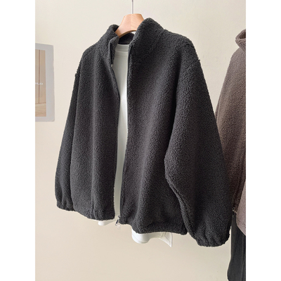 复古保暖立领颗粒绒宽松休外套女冬季短款棉衣夹克羊羔一体绒上衣