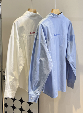 后背字母刺绣蓝色衬衫女春秋简约全棉慵懒风气质宽松大版翻领衬衣