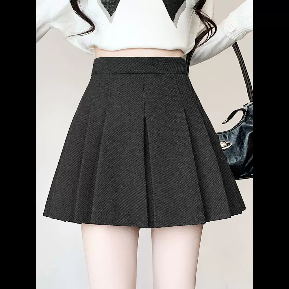 Fitted black woolen spring pleated skirt, 2024 years, trend of season, high waist