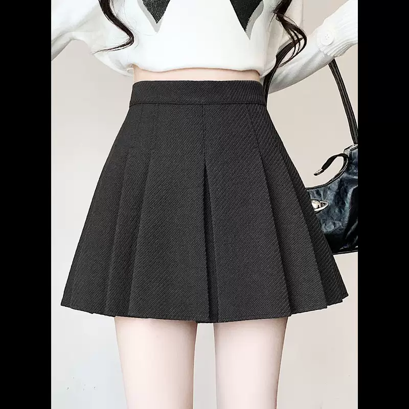 Fitted black woolen spring pleated skirt, 2024 years, trend of season, high waist