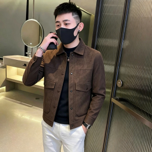 高端商务翻领麂皮绒皮夹克男短款多口袋时尚潮流修身皮衣男式外套
