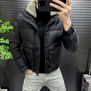 高级感潮流毛领pu皮棉服男短款修身机车保暖外套2025冬季时尚棉袄