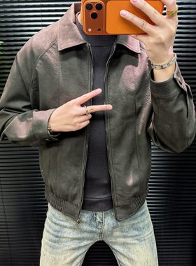 复古休闲慵懒翻领拉链皮衣男夹克