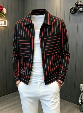 条纹修身衬衫男士翻领短款夹克春秋长袖上衣精神小伙潮流新款外套