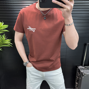 美式复古砖红色t恤男2026夏季新款立体字母印花痞帅修身短袖潮T恤