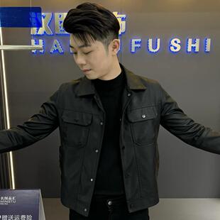 简约翻领皮衣商务短款 新款 皮夹克男痞帅修身 男装 外套 春秋高端时尚