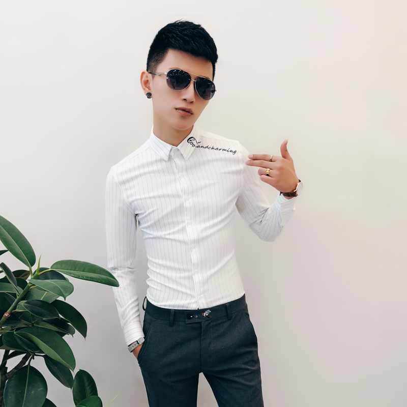 条纹衬衫男修身休闲衬衣刺绣帅气抗皱英伦雅痞发型师时装衬衫潮流