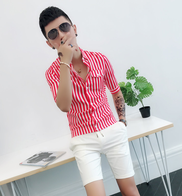 夏季修身五分袖衬衫帅气韩风休闲短袖衬衣青年中袖英伦发型师男装