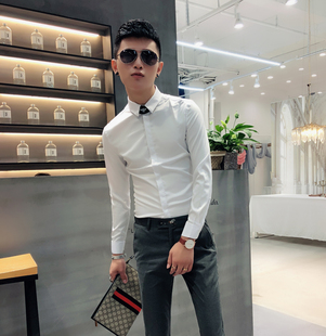男士新款衬衫潮流韩版修身长袖衬衣夜场春装发型师男百搭纯色寸衫