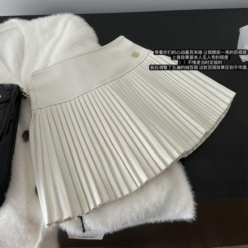 送胸针白色毛呢半身裙秋冬女高腰日系小香风百褶短裙显瘦a字百搭
