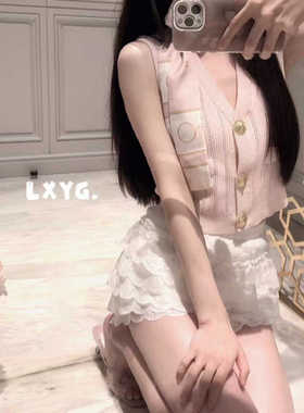 LXYG法式小香风丝巾无袖V领丝带冰丝针织开衫女夏季薄款马甲上衣