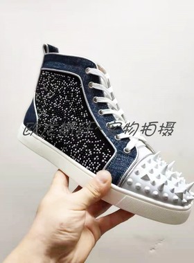 2023新款高帮红钻l男鞋情侣款铆钉红色底鞋白钻板鞋满水钻女鞋潮