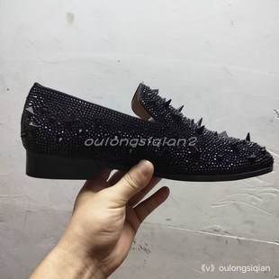 男士方头懒人一脚蹬套口乐福鞋单鞋时尚潮流水钻打钉皮鞋休闲男鞋