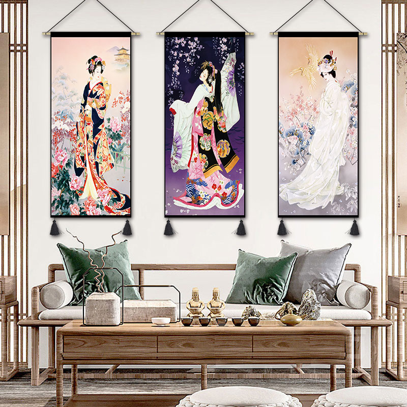 日式仕女图布艺挂画和风背景墙装饰画网红壁毯挂毯玄关卧室挂布画图片
