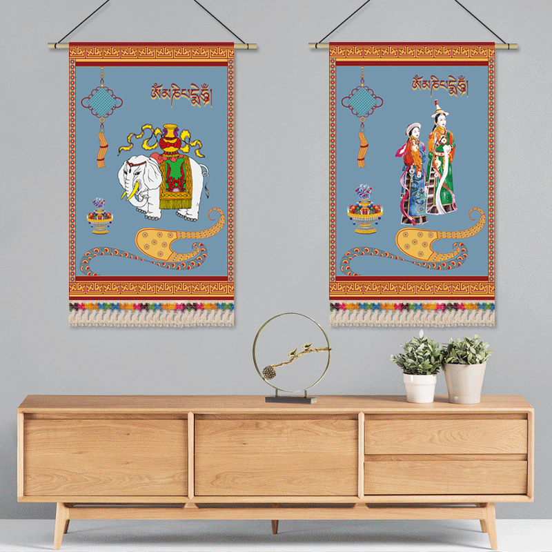 藏式吉祥挂画布艺客厅卧室装饰画民宿玄关床头墙画布藏族挂毯定制图片
