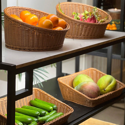 仿藤圆形面包篮子藤编水果展示篮零食点心果蔬篮超市斜口筐置物篮