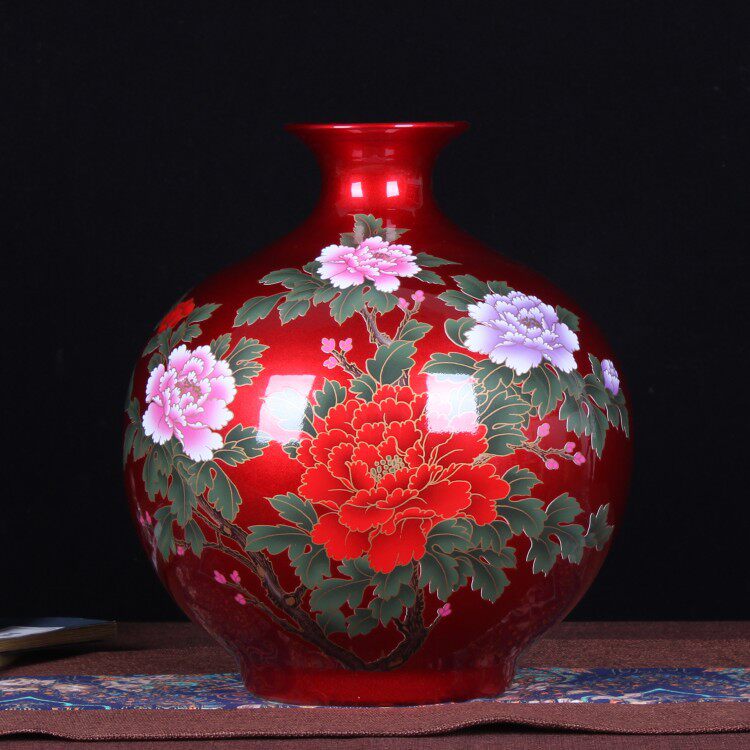 景德镇陶瓷花瓶 精致水晶釉牡丹石榴瓶 中式家居时尚装饰摆件