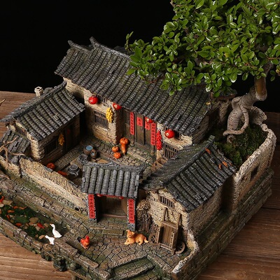 中式复古建筑茶桌盆景微缩老房子模型客厅玄关摆件家居装饰工艺品