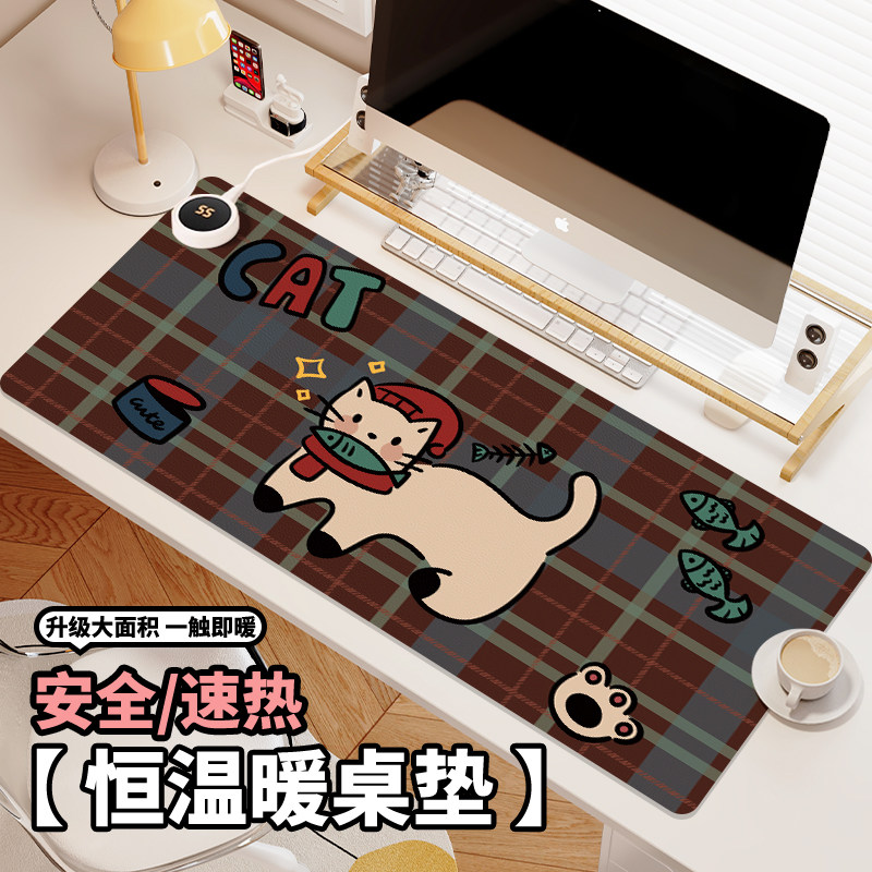 英格兰猫咪加热鼠标垫左侧开关卡通发热暖桌垫办公暖手垫冬季usb发热垫超大电热垫女生防水笔记本电脑键盘垫