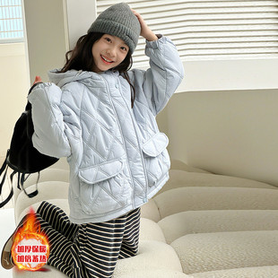 女童菱格纹短款兔毛加厚连帽棉服外套2025新款女宝中大童洋气上衣