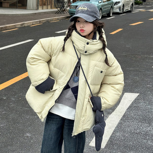 女童格子玩偶连帽加厚棉服2025新款中大童洋气保暖北海道风棉衣