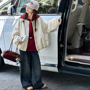 女童竖条短款棉服2025新款女宝中大童洋气无领拉链韩版加厚外套