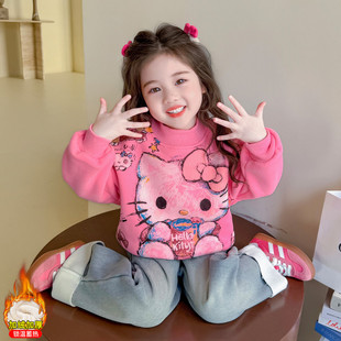女童kt猫加绒卫衣2025新款女宝中小童秋冬韩系百搭休闲加厚上衣