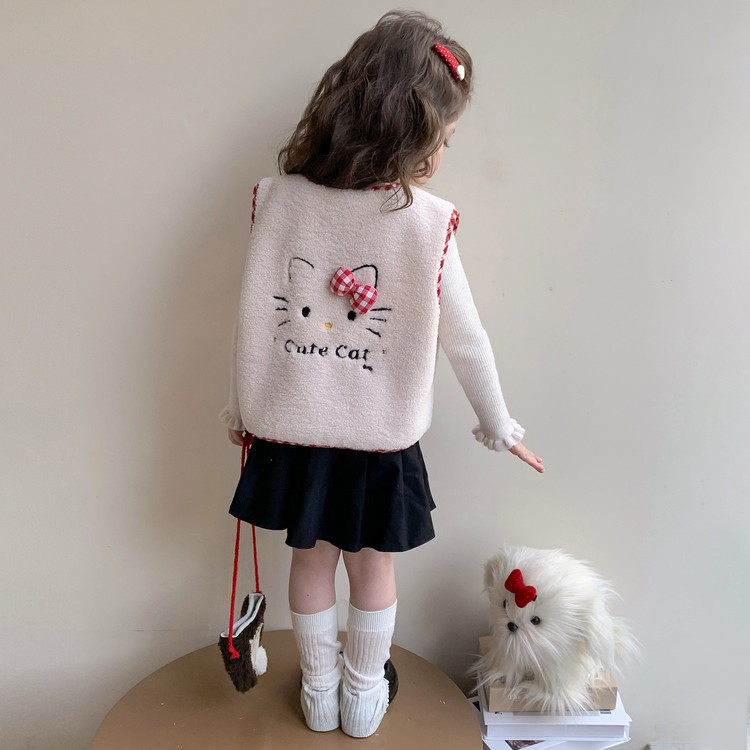 女童格子猫咪加绒马甲2025新款冬季女宝中小童时尚外穿加厚背心