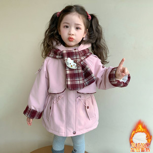 女童猫咪格子围巾连帽棉服2025新款女宝中小童加厚洋气外套棉衣