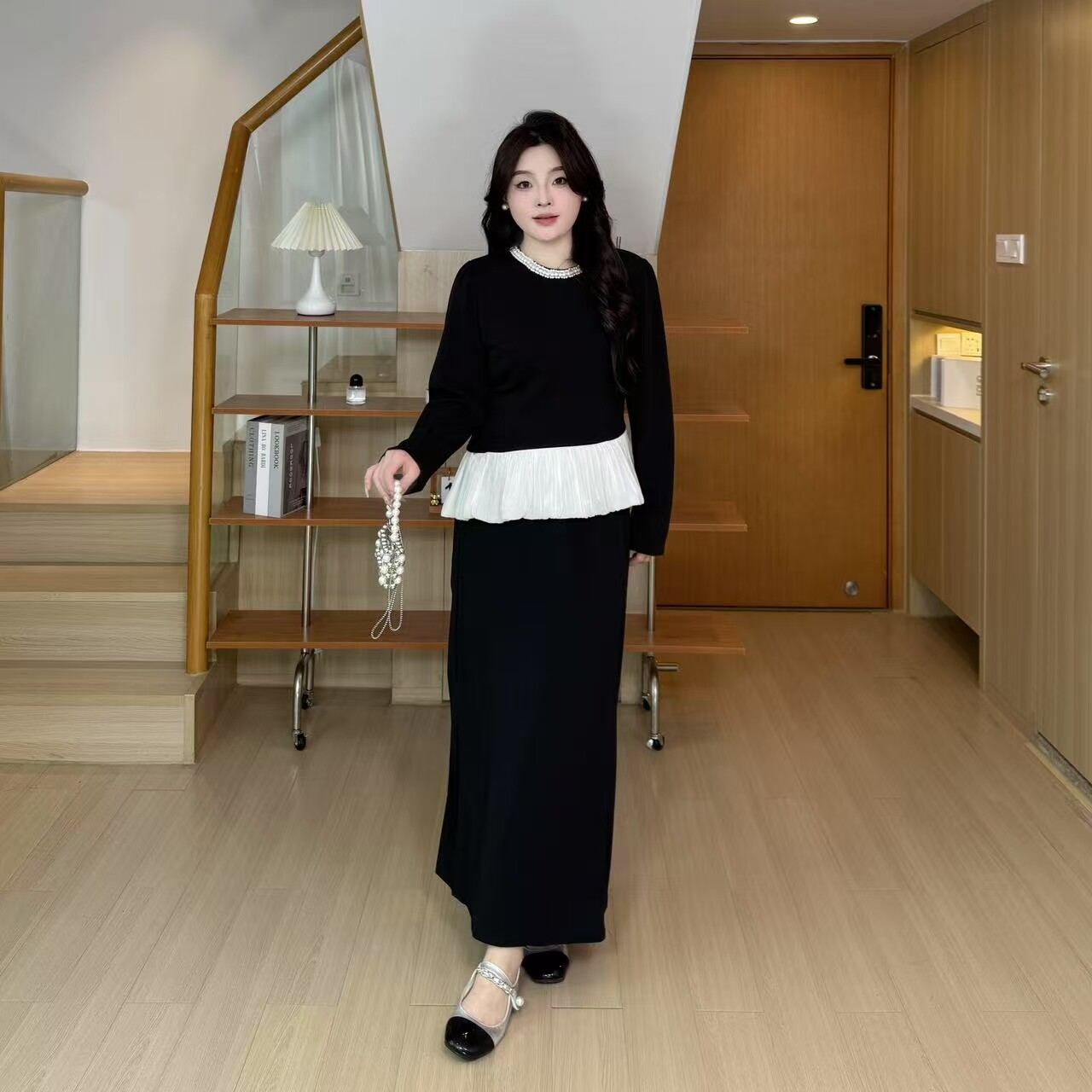 【珍妮花园】春季小香风拼接不规则荷叶边上衣+半身裙套装