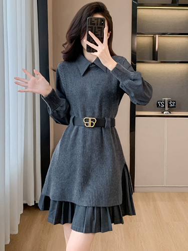 Комплект, демисезонное трикотажное платье, приталенный корсет, французский стиль, городской стиль