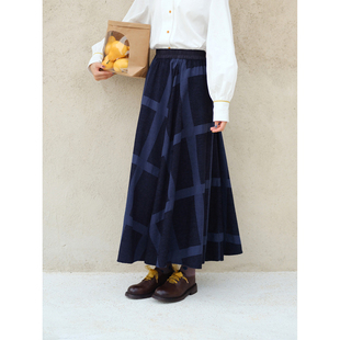 自然而蓝|蓝色格纹文艺通勤松紧腰A字半身裙 原创自制 售完无补
