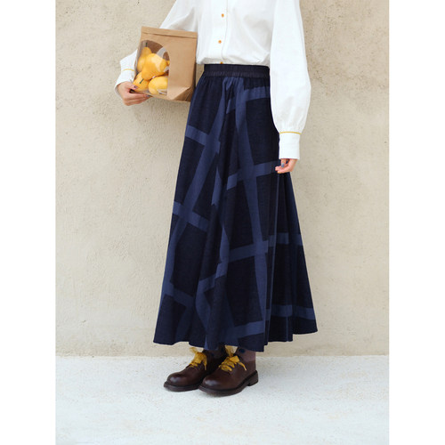 蓝色格纹文艺通勤松紧腰半身裙