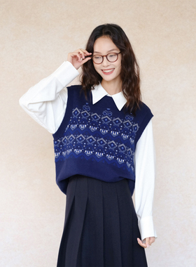 自然而蓝丨蓝色花纹设计感圆领羊毛针织马甲  25秋季