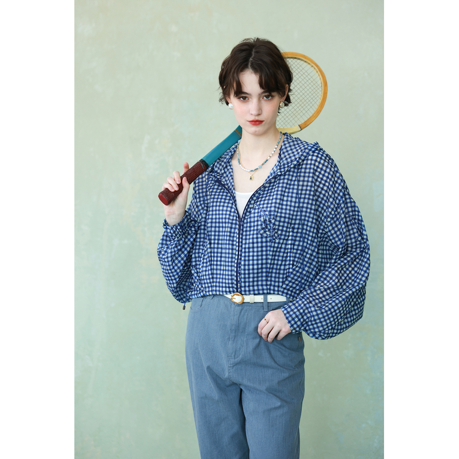 休闲连帽抽绳蓝色格纹短外套