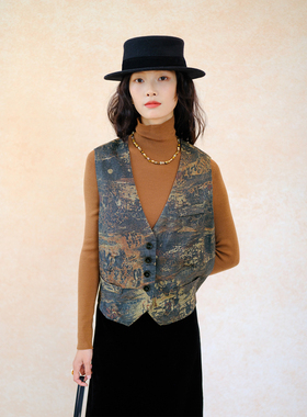 自然而蓝｜亚麻 复古印花V领气质无袖马甲  25冬季新品