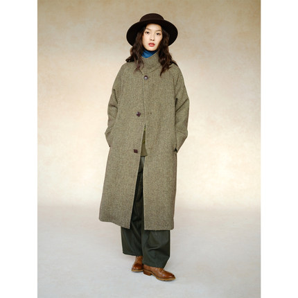 自然而蓝丨羊毛复古通勤 绿咖立领麦穗长款毛呢大衣  原创自制