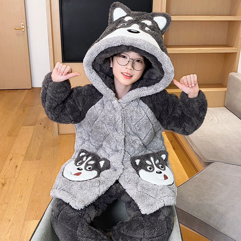 三层夹棉男童珊瑚绒睡衣加厚冬季