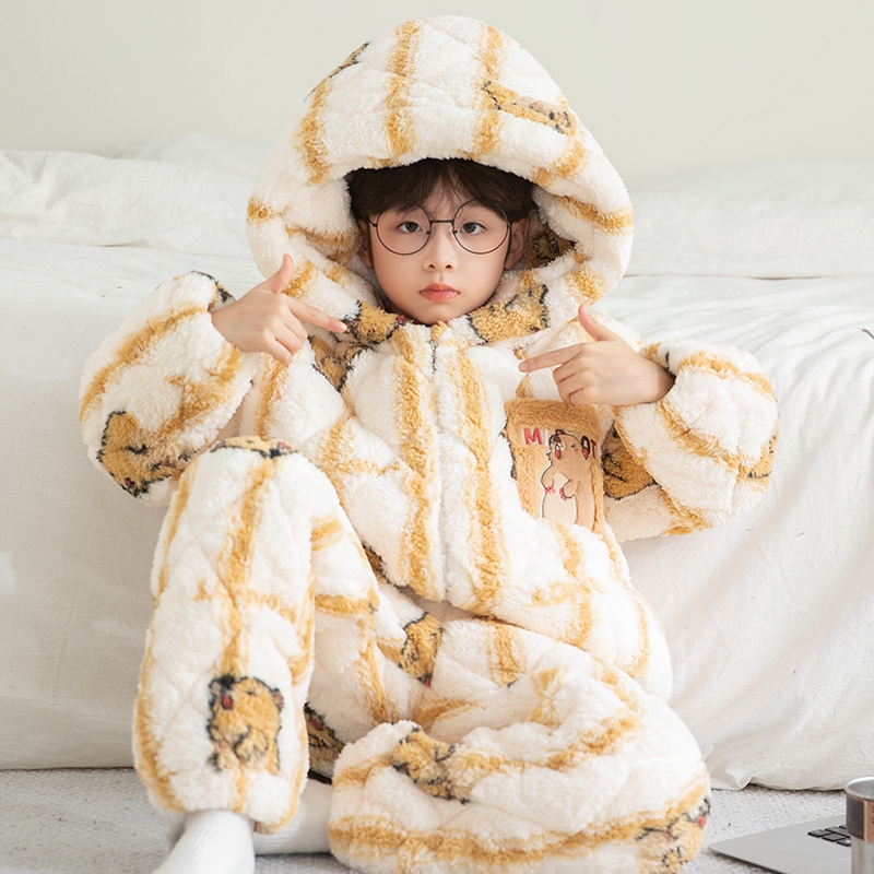 男童珊瑚绒睡衣冬季加厚连帽加绒