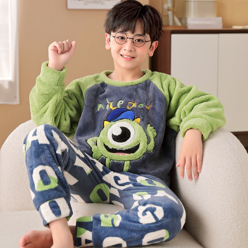 秋冬季胖儿童睡衣男孩珊瑚绒学生