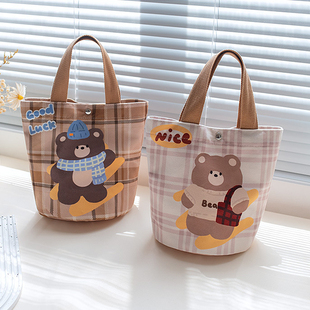 可爱小熊帆布袋学生水桶包零食水杯收纳上班外出手提袋圆形饭盒袋