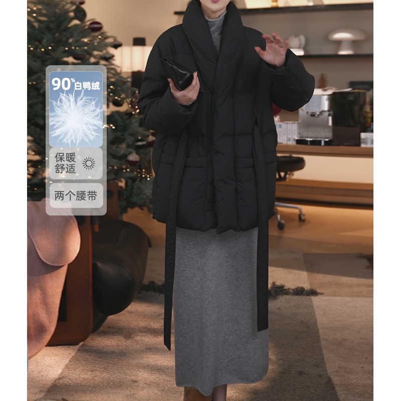 【张七七】90白鸭绒羽绒服女纯色腰带款宽松冬季时尚保暖羽绒外套