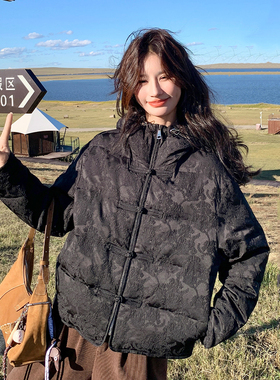 黑色提花高级感羽绒服国风盘扣复古宫廷风连帽羽绒袄加厚保暖外套