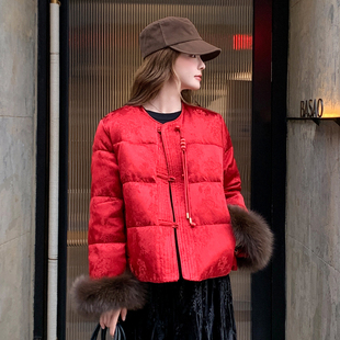 提花高级感加厚毛毛袖 新款 保暖外套 国风羽绒服女红色冬季 新中式