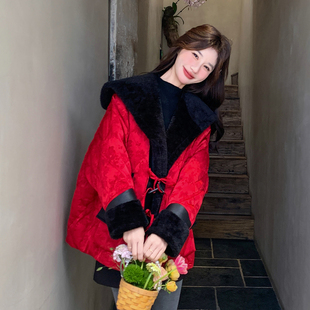 外套 宽松中长款 红色中式 国风羽绒服冬皮毛一体大翻领羽绒袄女时尚