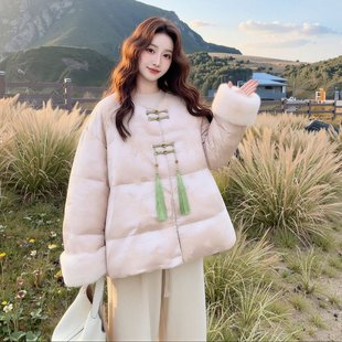 加厚羽绒袄外套 缎面盘扣白鸭绒短款 新中式 流苏提花国风羽绒服冬季