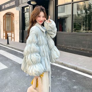 蓝色丝绒羽绒服蝴蝶结系带公主风纯色加厚短款 羽绒袄外套女 灯笼袖