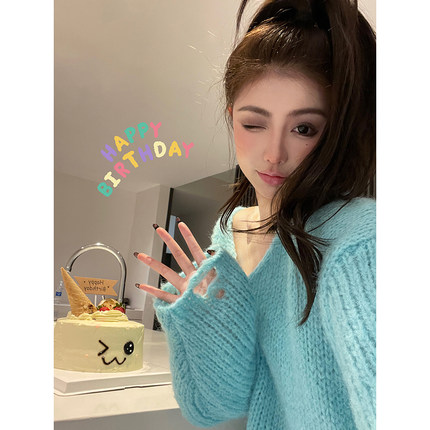 蓝色毛衣大码女装秋装宽松韩系慵懒风上衣中长款破洞针织衫 春季