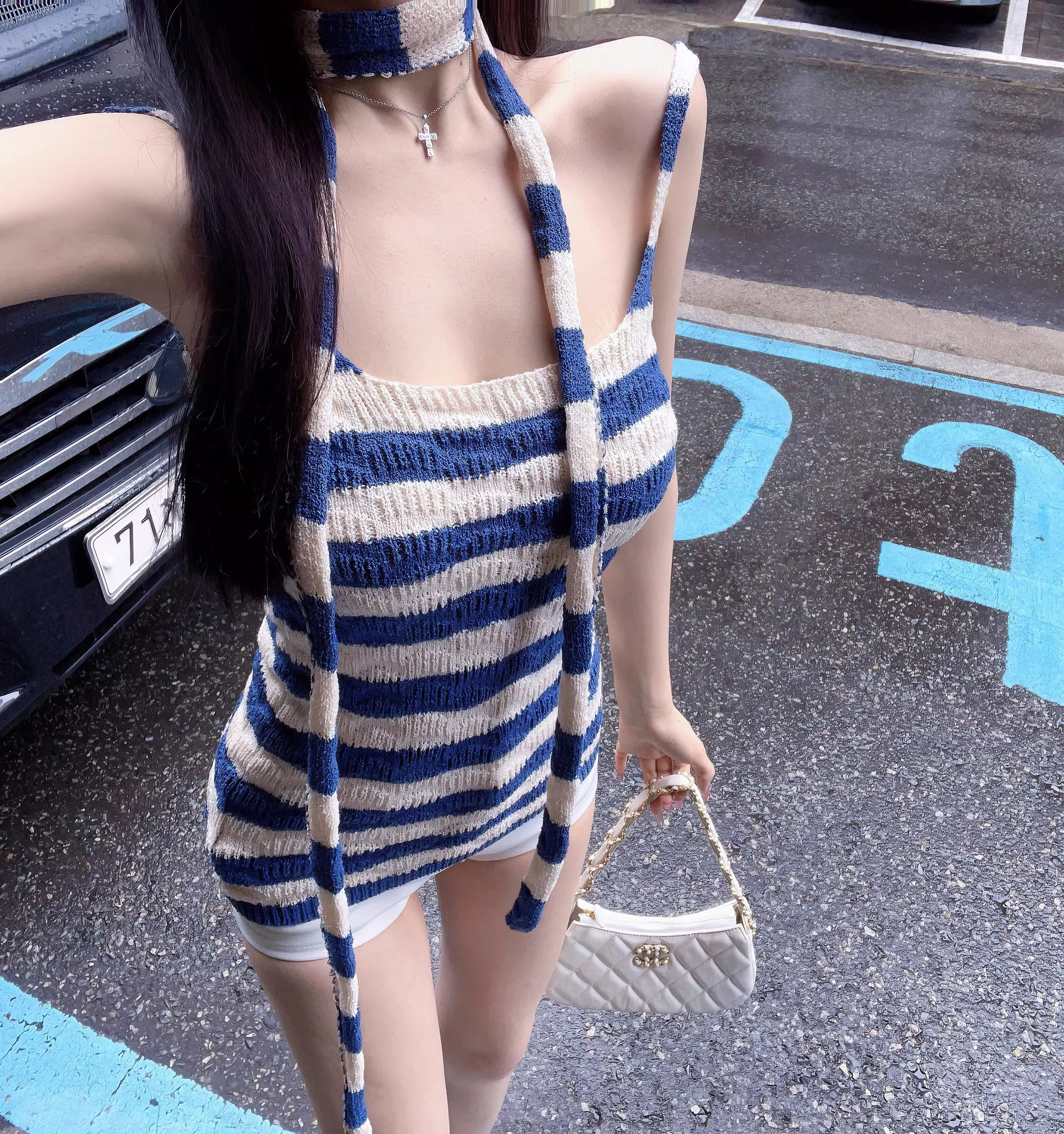酱复古辣妹条纹针织吊带背心围脖设计感露肩修身小众上衣Eva君君